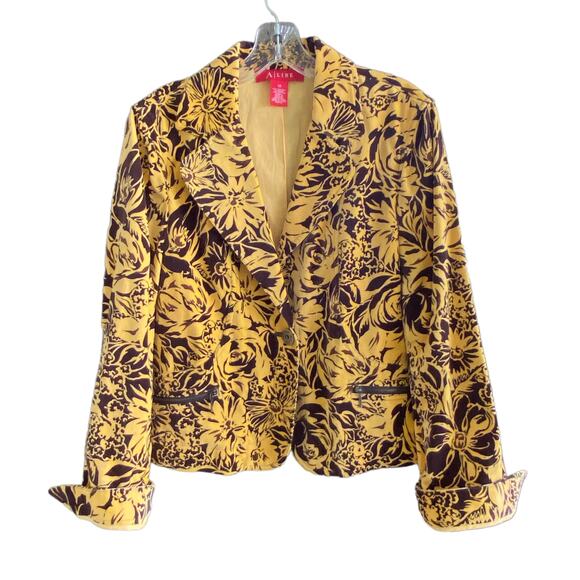 Boho Velvet Blazer Sz 12 Yellow & Brown Floral A-LINE Jacket Zip Front Pockets - Picture 2 of 13